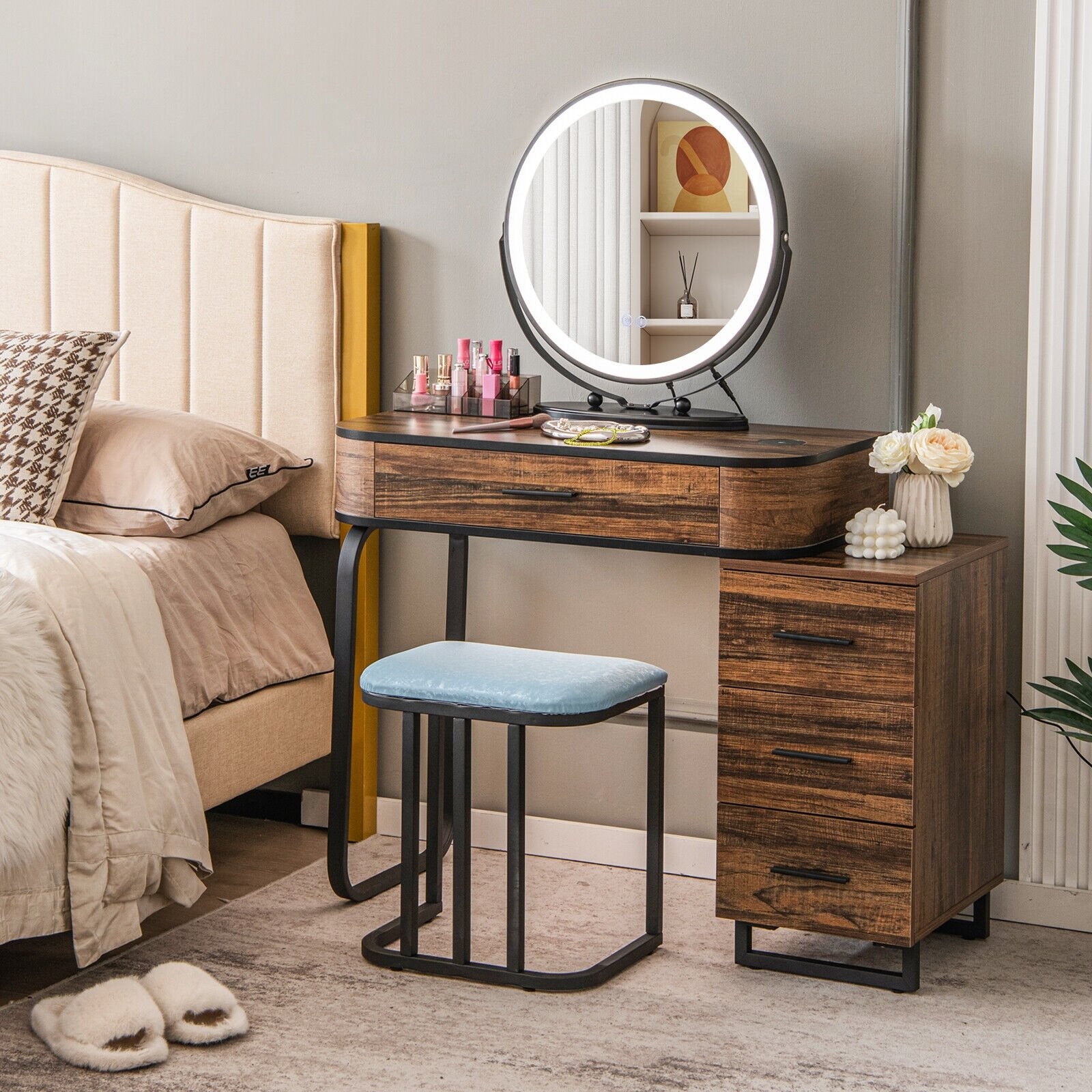 Vanity Table Set with 3-Color Lighted Mirror and Charging Station, Brown Makeup Vanities   at Gallery Canada