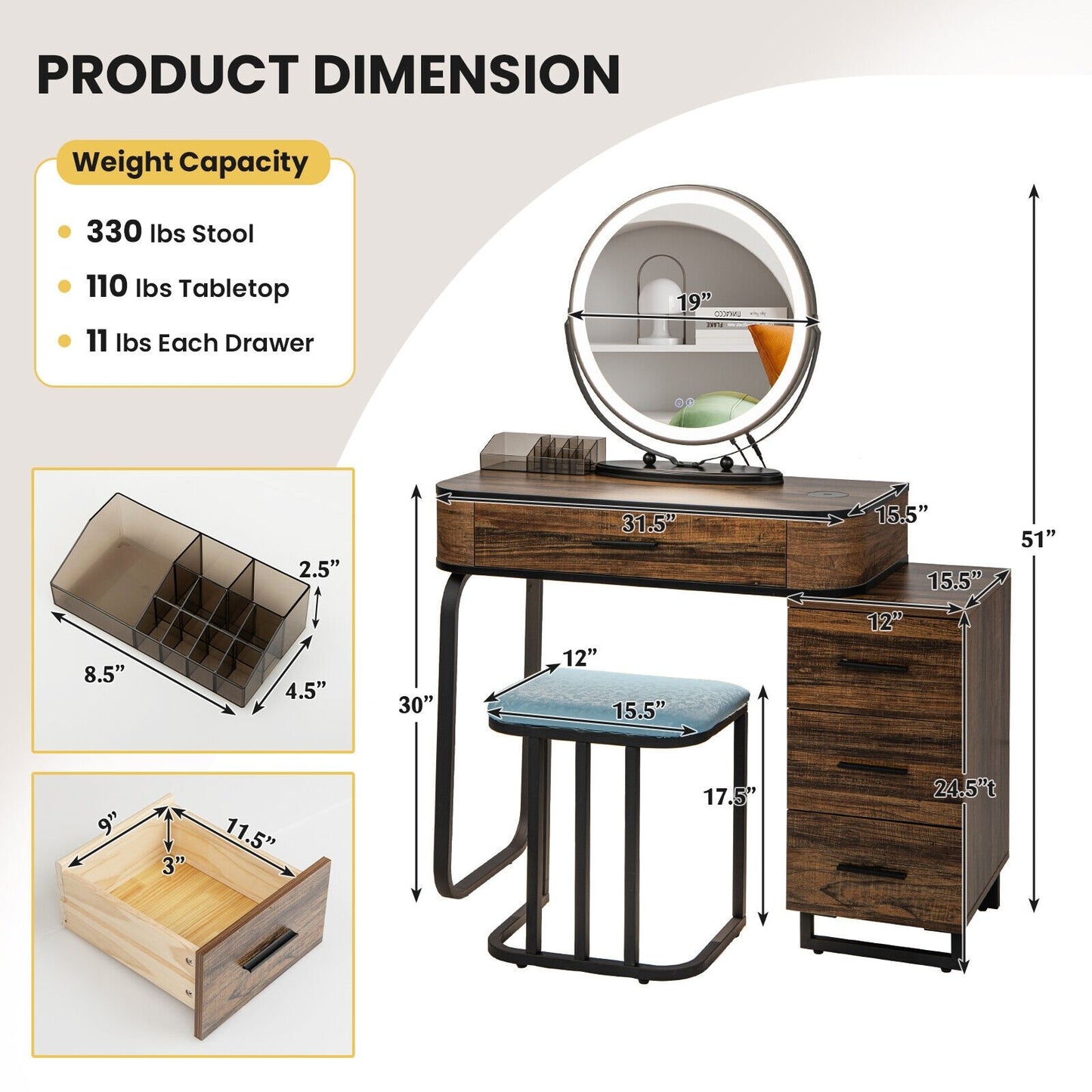 Vanity Table Set with 3-Color Lighted Mirror and Charging Station, Brown - Gallery Canada