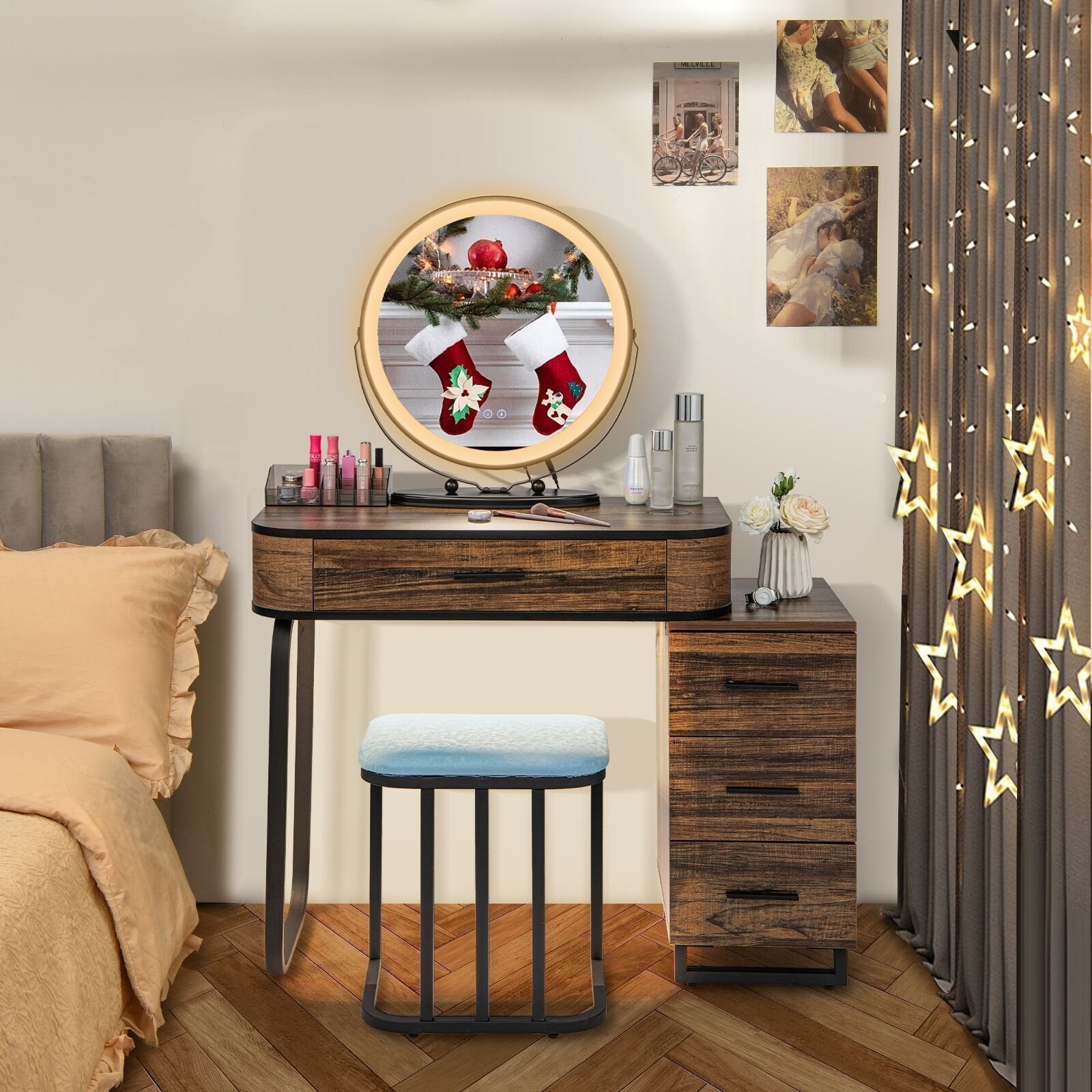 Vanity Table Set with 3-Color Lighted Mirror and Charging Station, Brown Makeup Vanities   at Gallery Canada