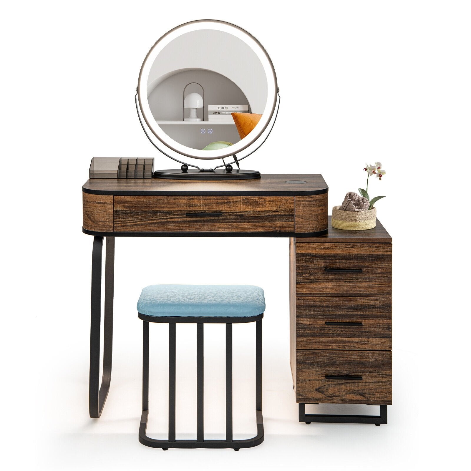 Vanity Table Set with 3-Color Lighted Mirror and Charging Station, Brown Makeup Vanities   at Gallery Canada