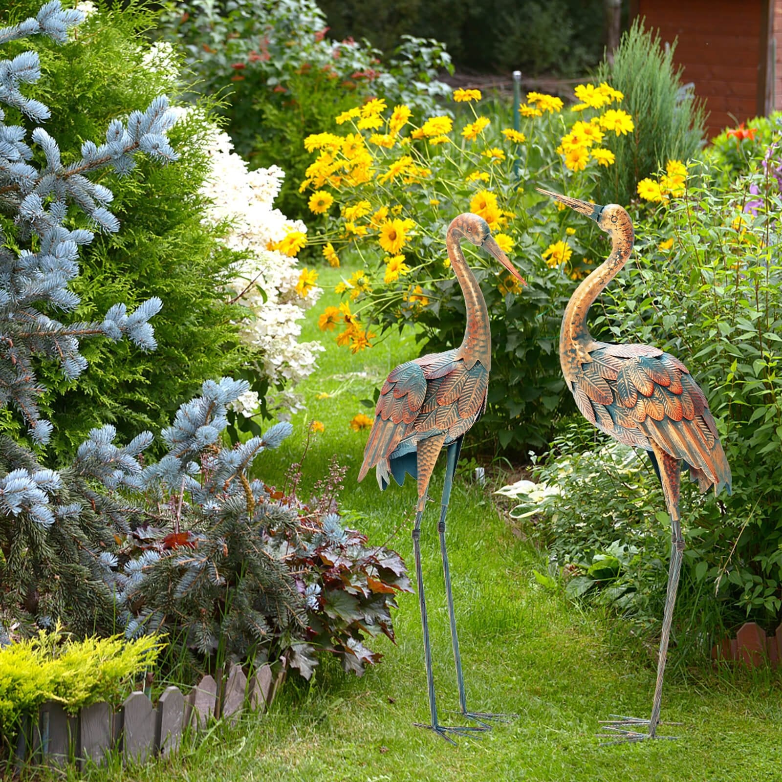 Set of 2 Crane Garden Statues Standing Metal Crane Sculptures Bird, Copper - Gallery Canada