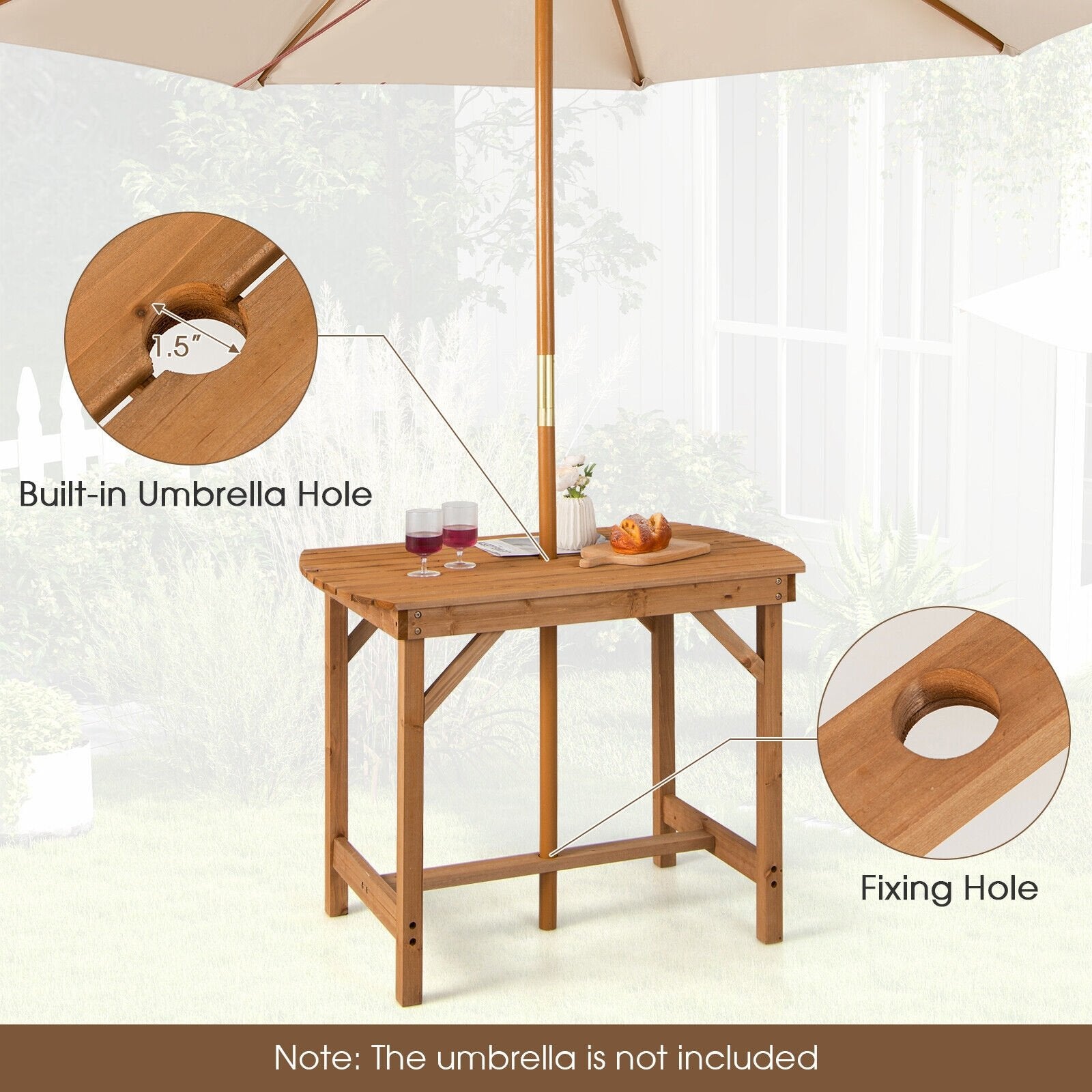 Outdoor Fir Wood Dining Table with 1.5 Inch Umbrella Hole, Natural Patio Dining Tables   at Gallery Canada