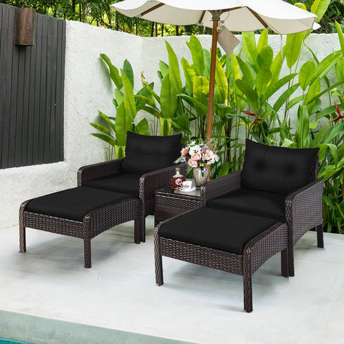 5 Pieces Patio Rattan Sofa Ottoman Furniture Set with Cushions, Black