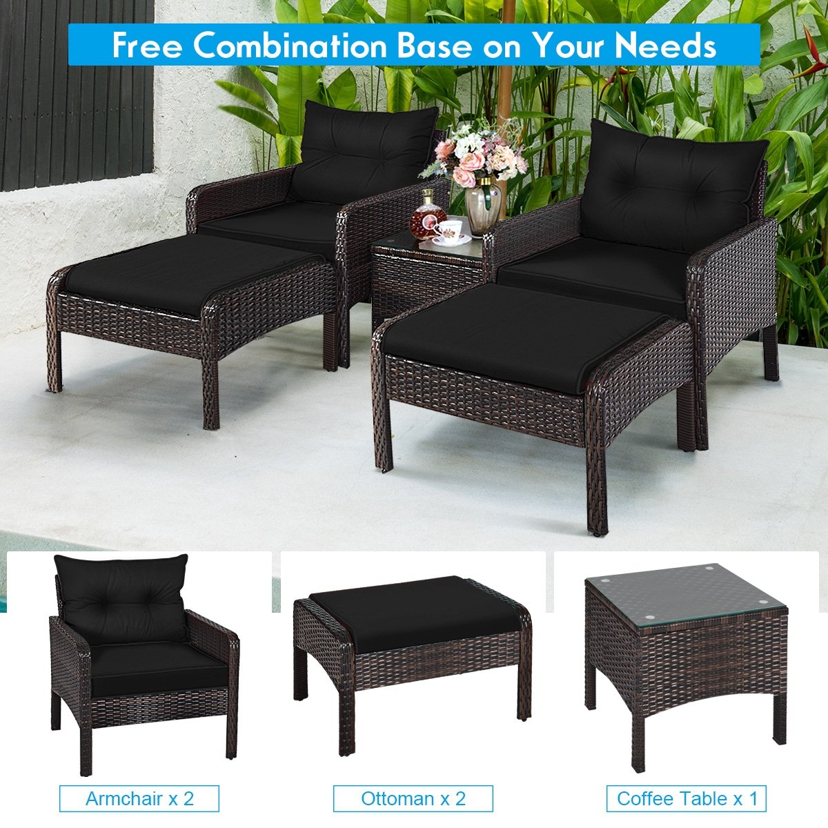 5 Pieces Patio Rattan Sofa Ottoman Furniture Set with Cushions, Black Patio Furniture Sets   at Gallery Canada