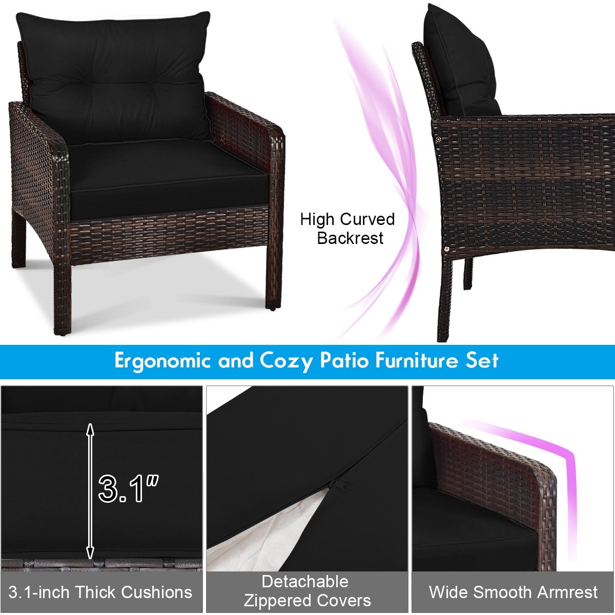 5 Pieces Patio Rattan Sofa Ottoman Furniture Set with Cushions, Black Patio Furniture Sets   at Gallery Canada