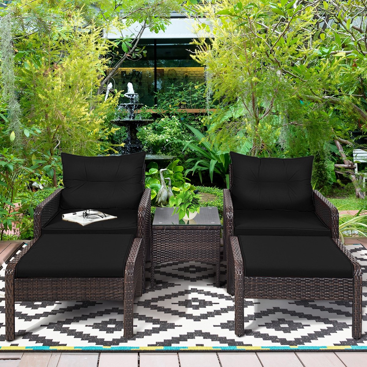 5 Pieces Patio Rattan Sofa Ottoman Furniture Set with Cushions, Black Patio Furniture Sets   at Gallery Canada