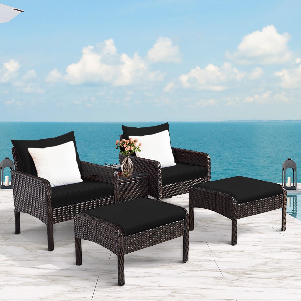 5 Pieces Patio Rattan Sofa Ottoman Furniture Set with Cushions, Black Patio Furniture Sets   at Gallery Canada