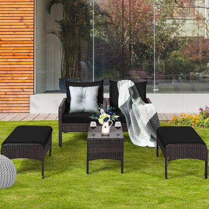 5 Pieces Patio Rattan Sofa Ottoman Furniture Set with Cushions, Black Patio Furniture Sets   at Gallery Canada