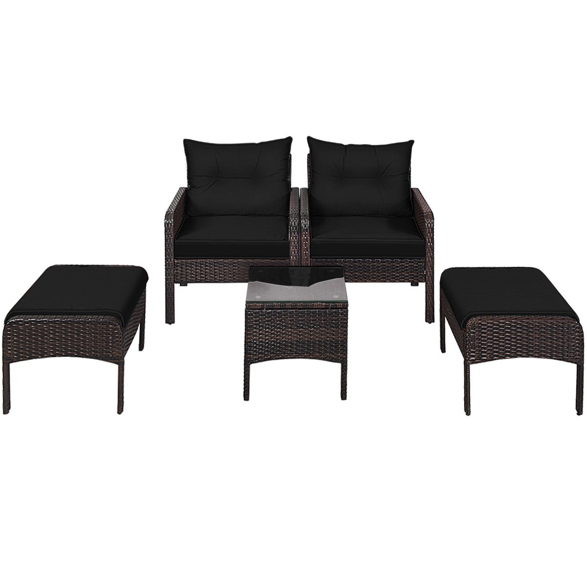 5 Pieces Patio Rattan Sofa Ottoman Furniture Set with Cushions, Black Patio Furniture Sets   at Gallery Canada