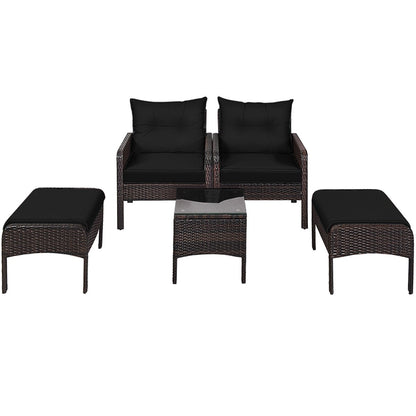 5 Pieces Patio Rattan Sofa Ottoman Furniture Set with Cushions, Black Patio Furniture Sets   at Gallery Canada