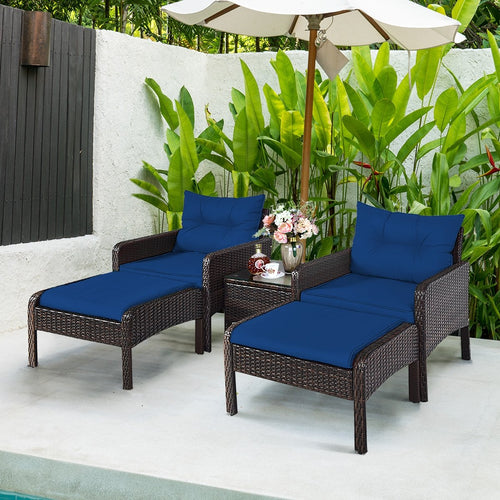 5 Pieces Patio Rattan Sofa Ottoman Furniture Set with Cushions, Navy