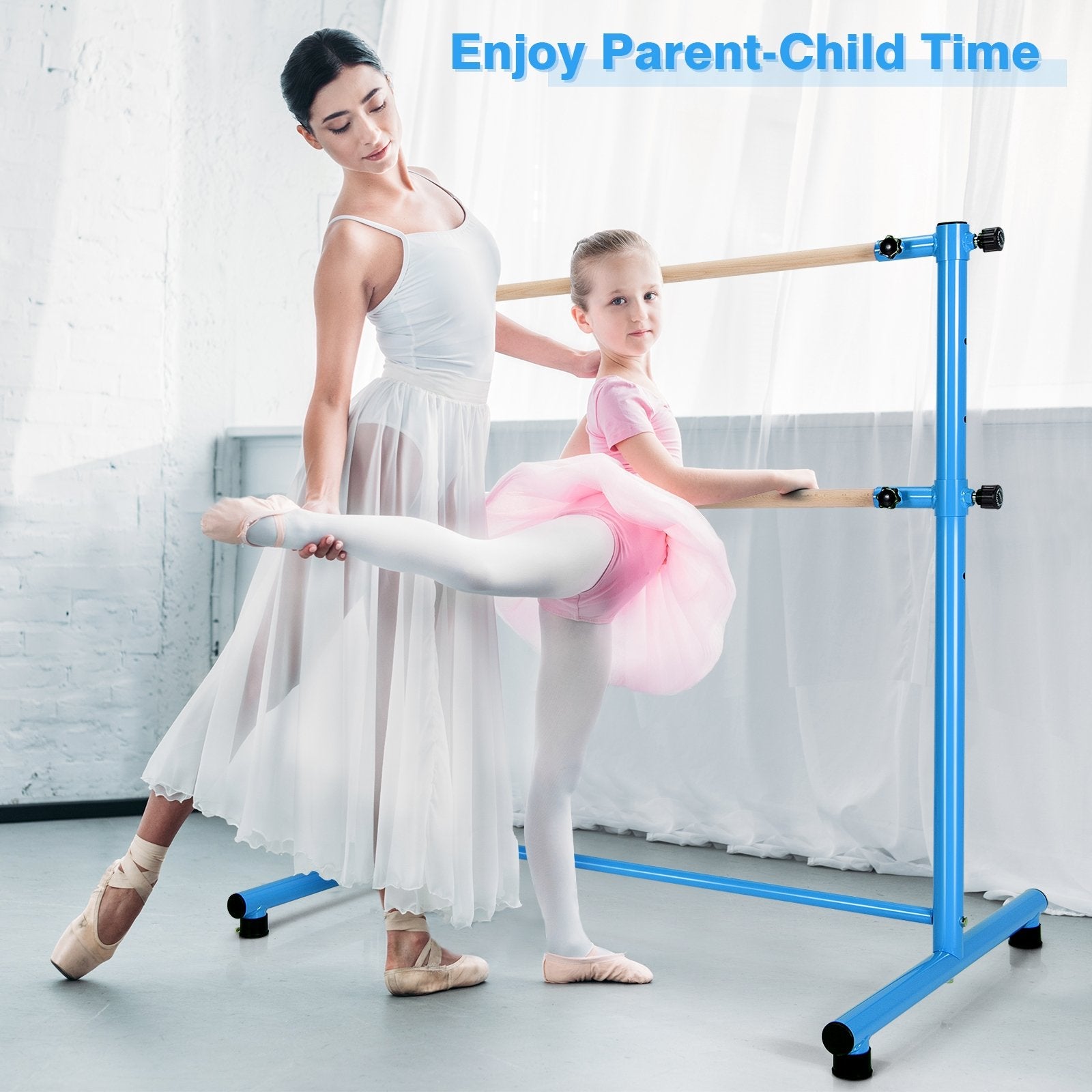47 Inch Double Ballet Barre with Anti-Slip Footpads, Blue - Gallery Canada