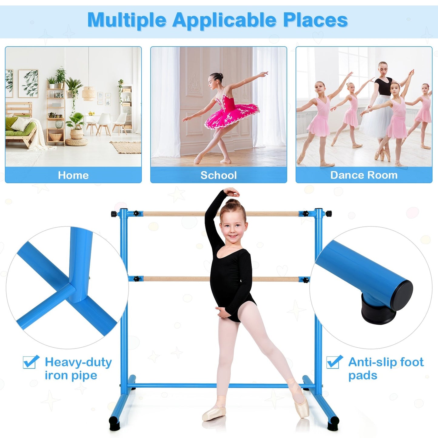 47 Inch Double Ballet Barre with Anti-Slip Footpads, Blue Yoga Accessories   at Gallery Canada