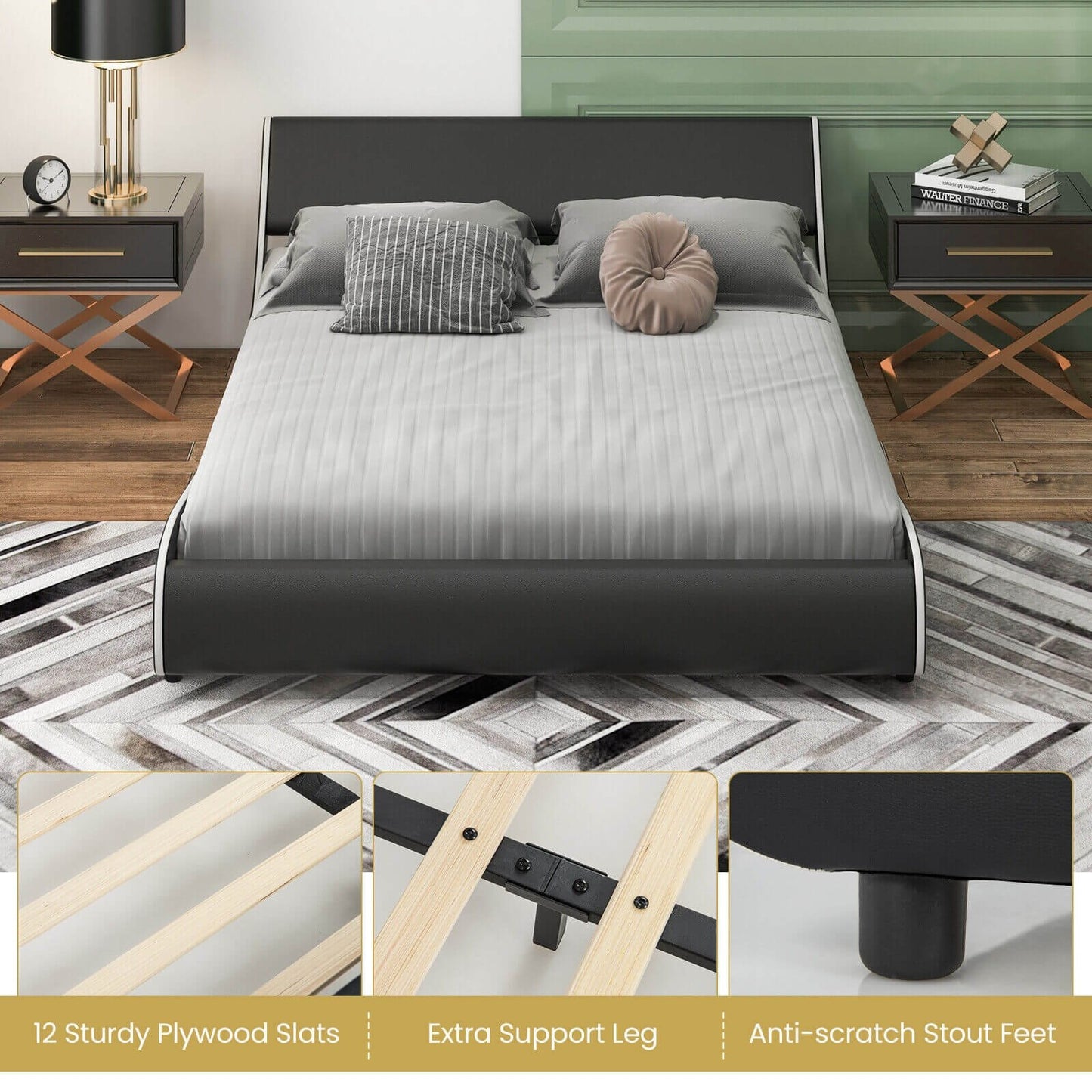 Upholstered Platform Bed Frame Low Profile Faux Leather with Curved Headboard-Queen Size, Black & White - Gallery Canada