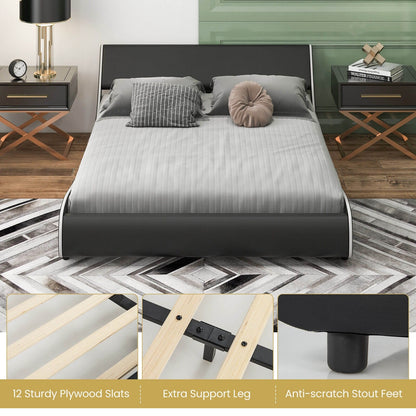 Upholstered Platform Bed Frame Low Profile Faux Leather with Curved Headboard-Queen Size, Black & White - Gallery Canada