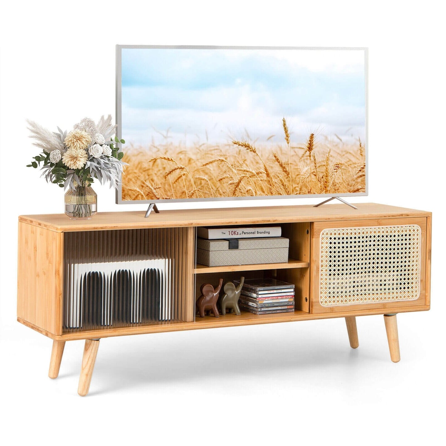 Modern TV Stand with Rattan Glass Sliding Doors, Natural Entertainment Centers & TV Stands   at Gallery Canada