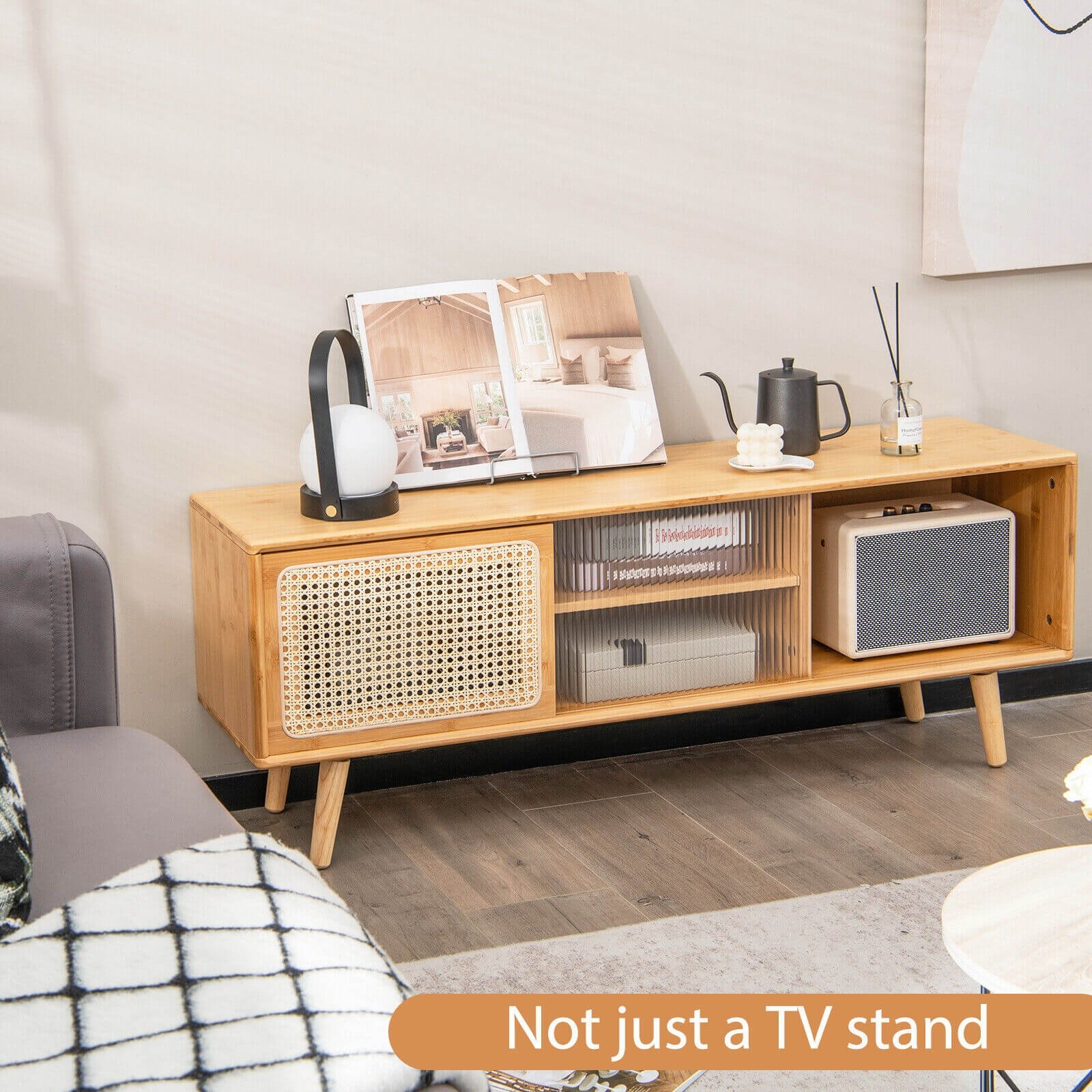 Modern TV Stand with Rattan Glass Sliding Doors, Natural Entertainment Centers & TV Stands   at Gallery Canada