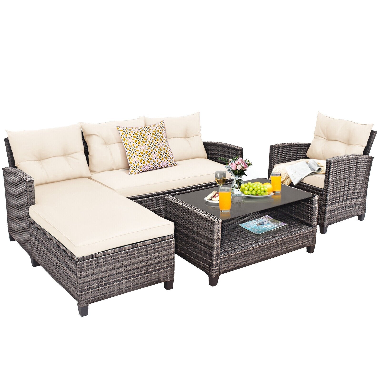 4 Pieces Patio Rattan Furniture Set with Cushion and Table Shelf, Off White - Gallery Canada