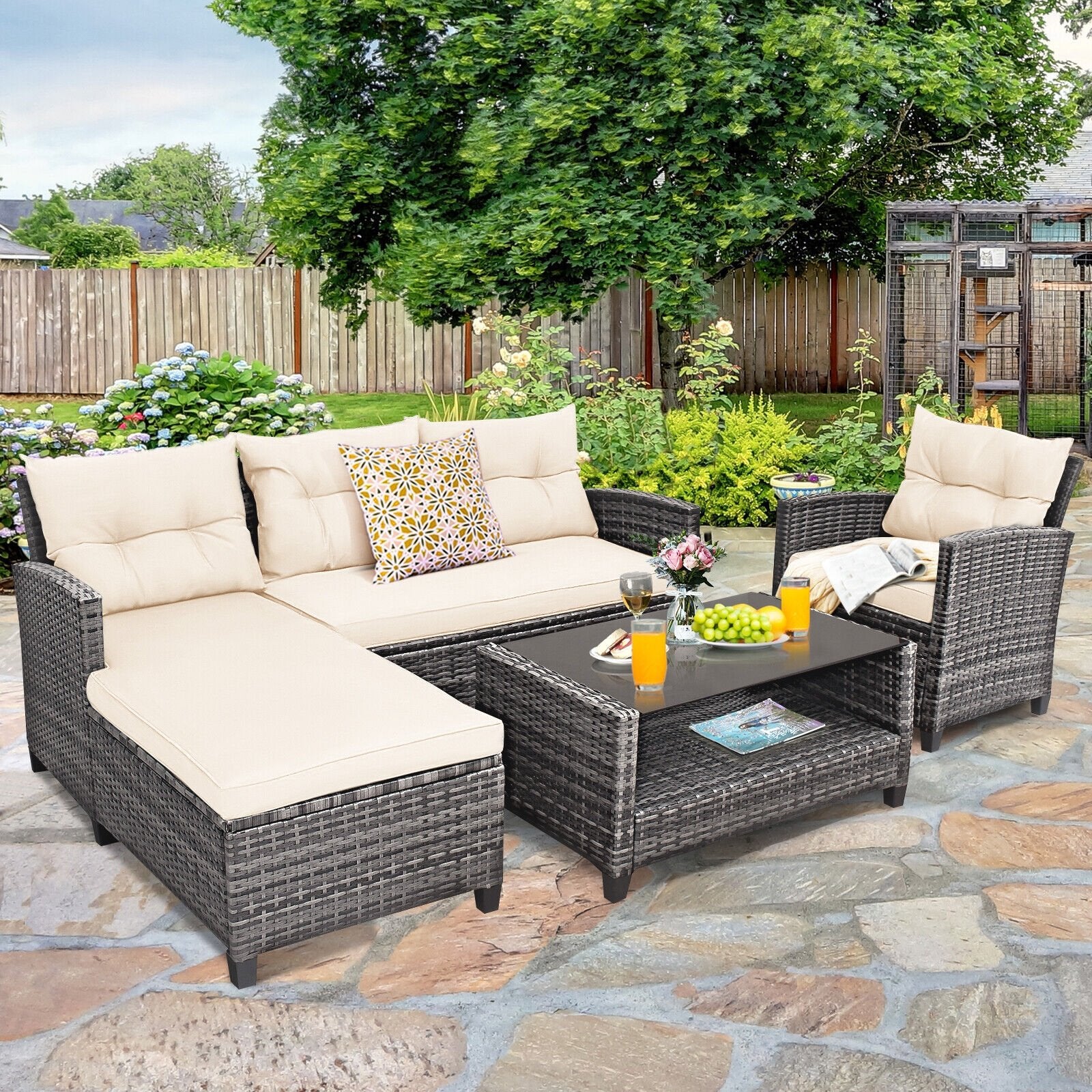 4 Pieces Patio Rattan Furniture Set with Cushion and Table Shelf, Off White Outdoor Sectionals   at Gallery Canada