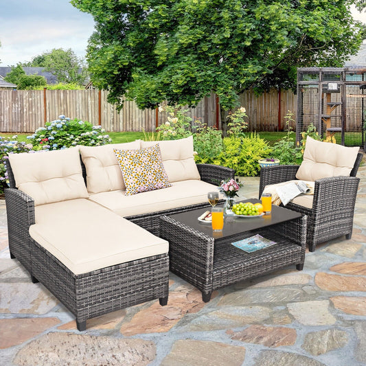 4 Pieces Patio Rattan Furniture Set with Cushion and Table Shelf, Off White - Gallery Canada