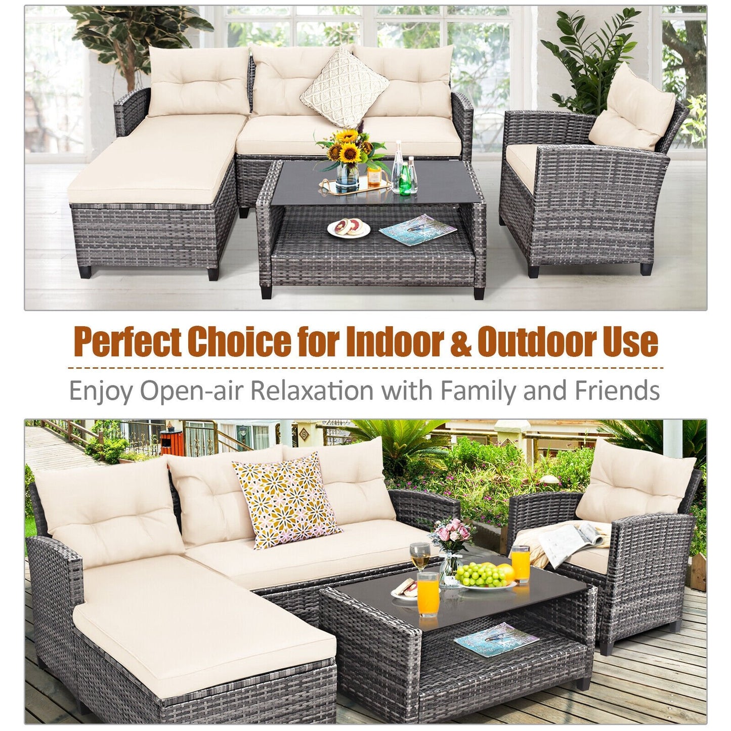 4 Pieces Patio Rattan Furniture Set with Cushion and Table Shelf, Off White - Gallery Canada