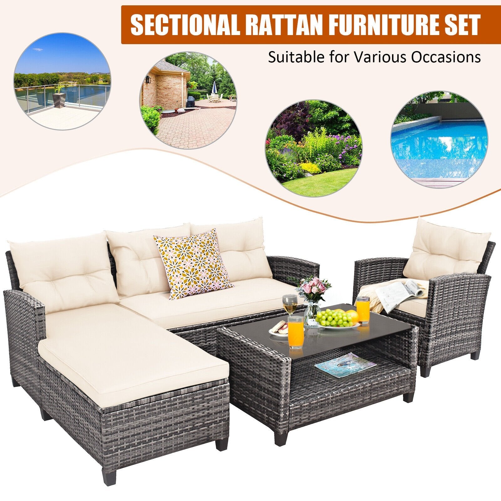 4 Pieces Patio Rattan Furniture Set with Cushion and Table Shelf, Off White Outdoor Sectionals   at Gallery Canada