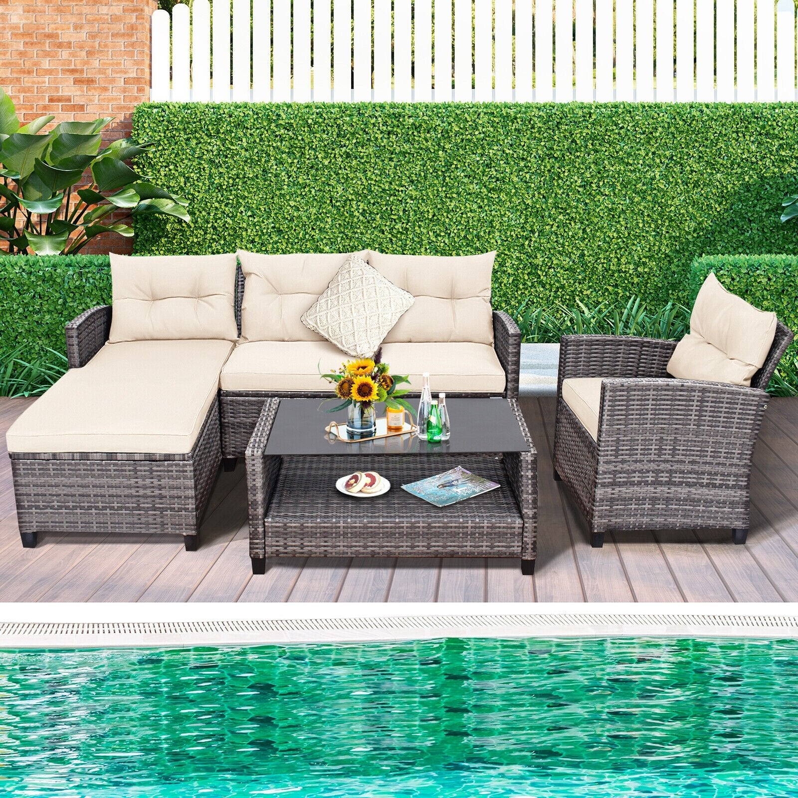 4 Pieces Patio Rattan Furniture Set with Cushion and Table Shelf, Off White - Gallery Canada