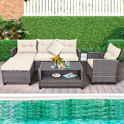 4 Pieces Patio Rattan Furniture Set with Cushion and Table Shelf, Off White Outdoor Sectionals   at Gallery Canada