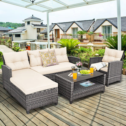 4 Pieces Patio Rattan Furniture Set with Cushion and Table Shelf, Off White Outdoor Sectionals   at Gallery Canada