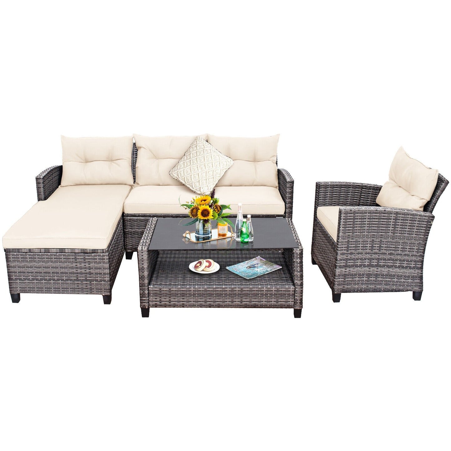 4 Pieces Patio Rattan Furniture Set with Cushion and Table Shelf, Off White Outdoor Sectionals   at Gallery Canada