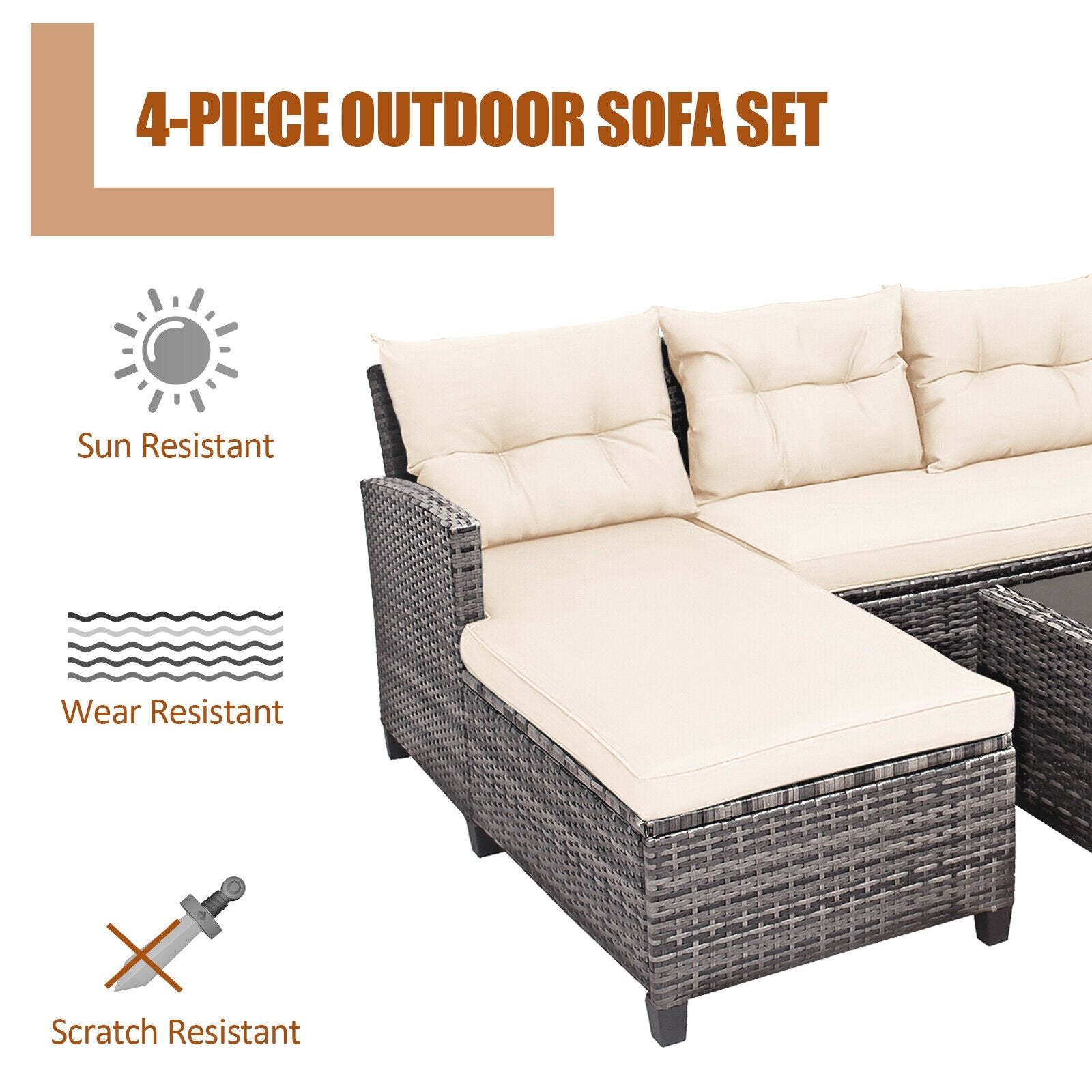 4 Pieces Patio Rattan Furniture Set with Cushion and Table Shelf, Off White Outdoor Sectionals   at Gallery Canada