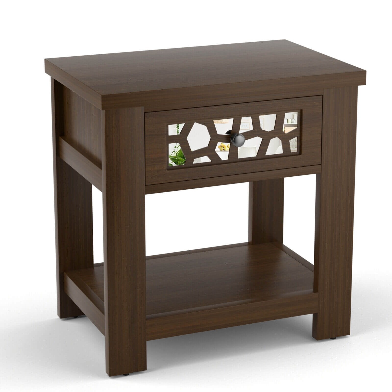 Wood Retro End Table with Mirrored Glass Drawer and Open Storage Shelf, Brown End & Side Tables   at Gallery Canada