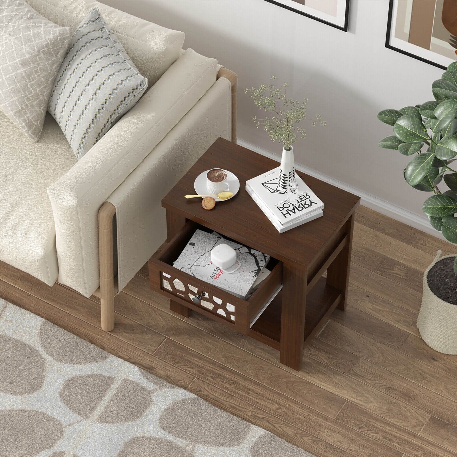 Wood Retro End Table with Mirrored Glass Drawer and Open Storage Shelf, Brown End & Side Tables   at Gallery Canada