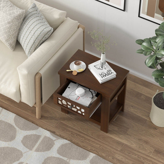 Wood Retro End Table with Mirrored Glass Drawer and Open Storage Shelf, Brown - Gallery Canada