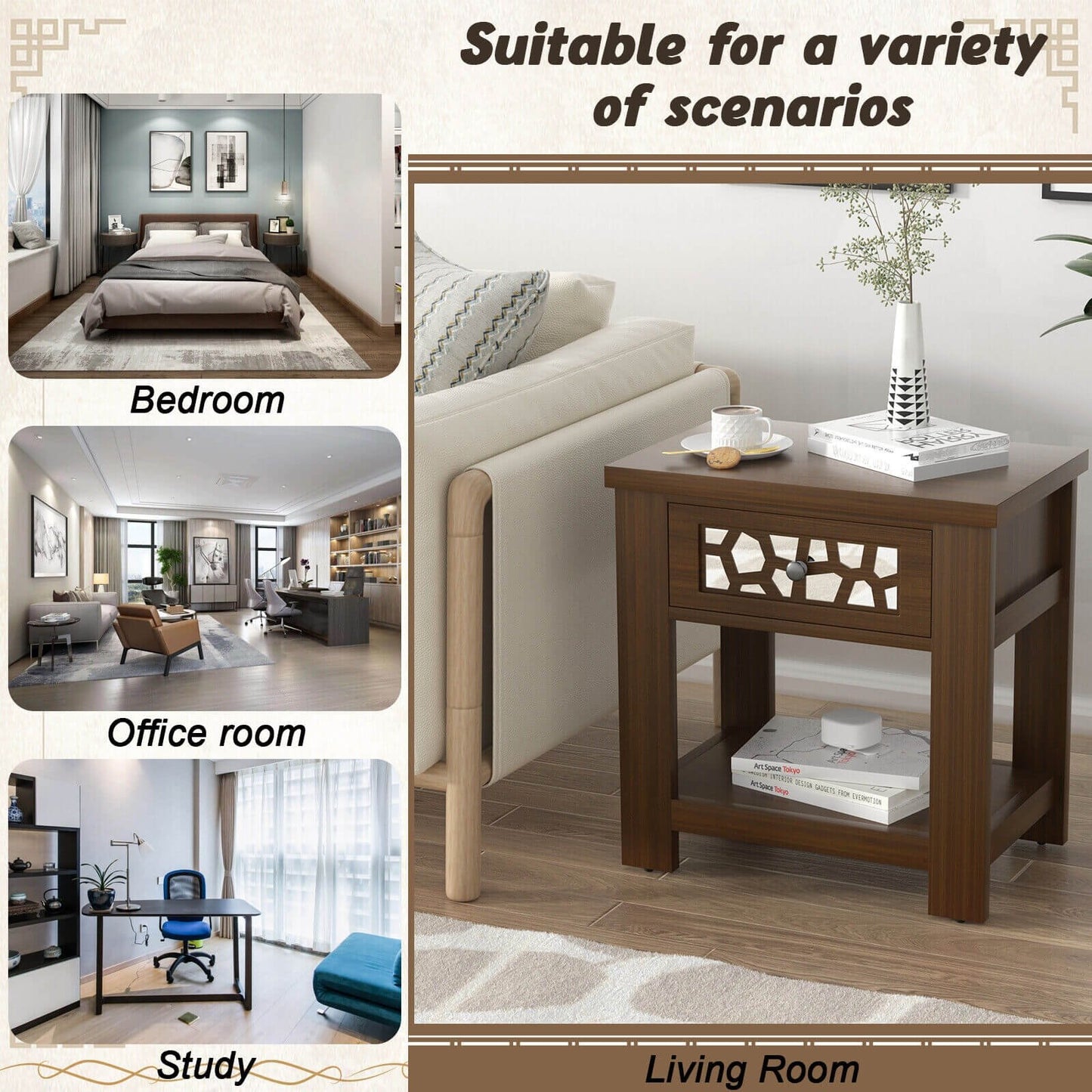 Wood Retro End Table with Mirrored Glass Drawer and Open Storage Shelf, Brown - Gallery Canada