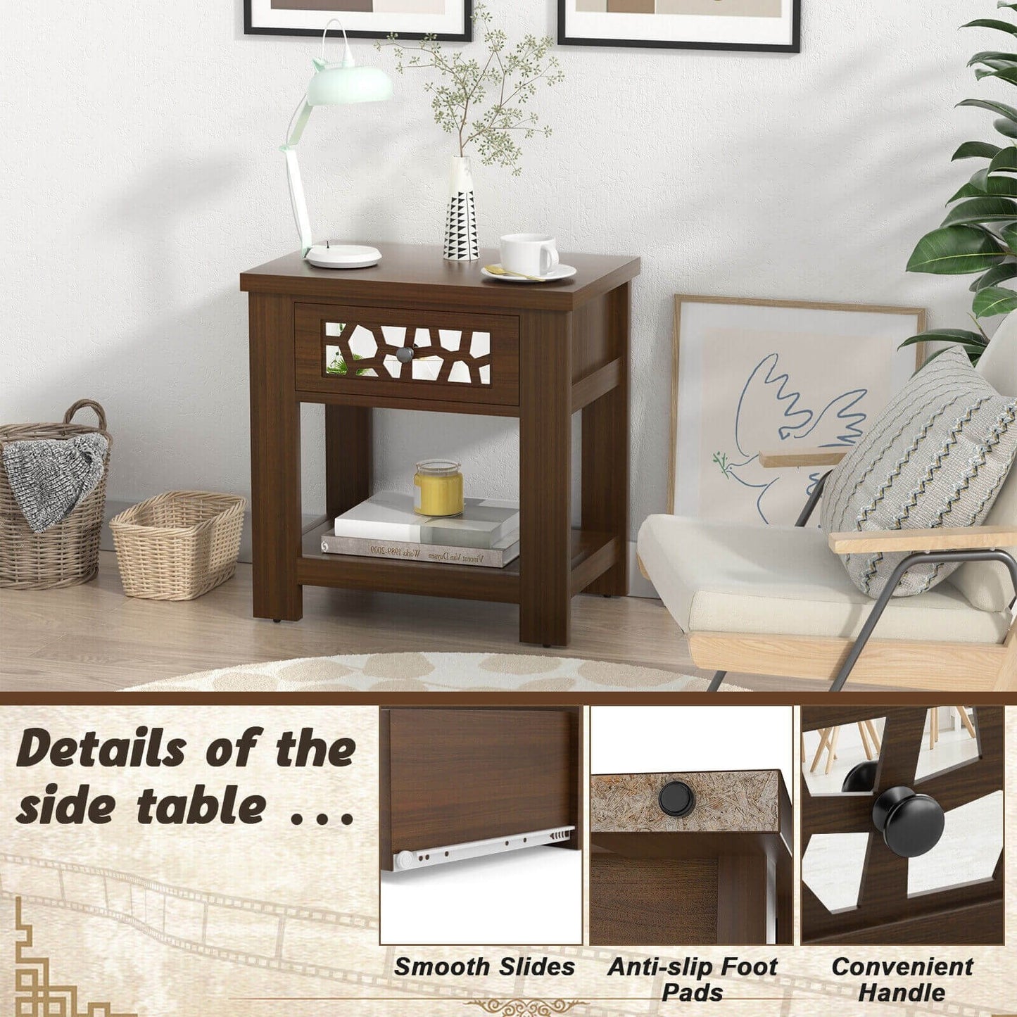 Wood Retro End Table with Mirrored Glass Drawer and Open Storage Shelf, Brown - Gallery Canada