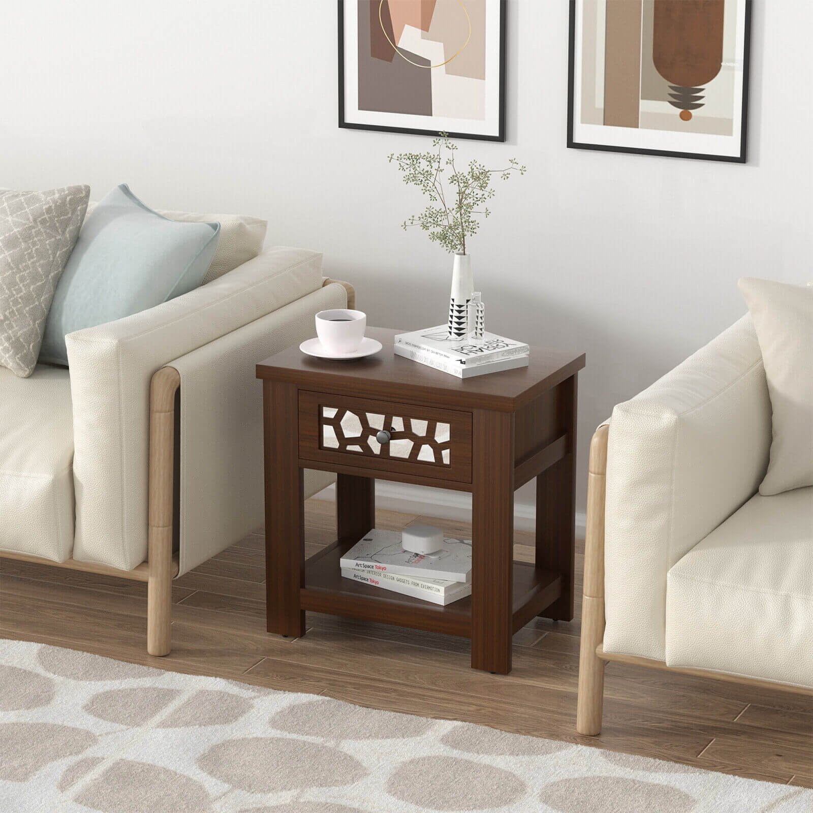 Wood Retro End Table with Mirrored Glass Drawer and Open Storage Shelf, Brown - Gallery Canada