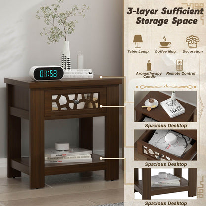 Wood Retro End Table with Mirrored Glass Drawer and Open Storage Shelf, Brown - Gallery Canada