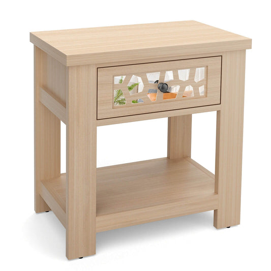 Wood Retro End Table with Mirrored Glass Drawer and Open Storage Shelf, Natural End & Side Tables   at Gallery Canada