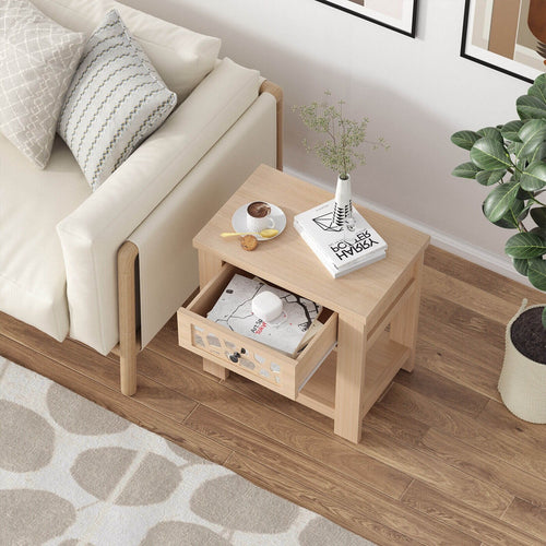 Wood Retro End Table with Mirrored Glass Drawer and Open Storage Shelf, Natural