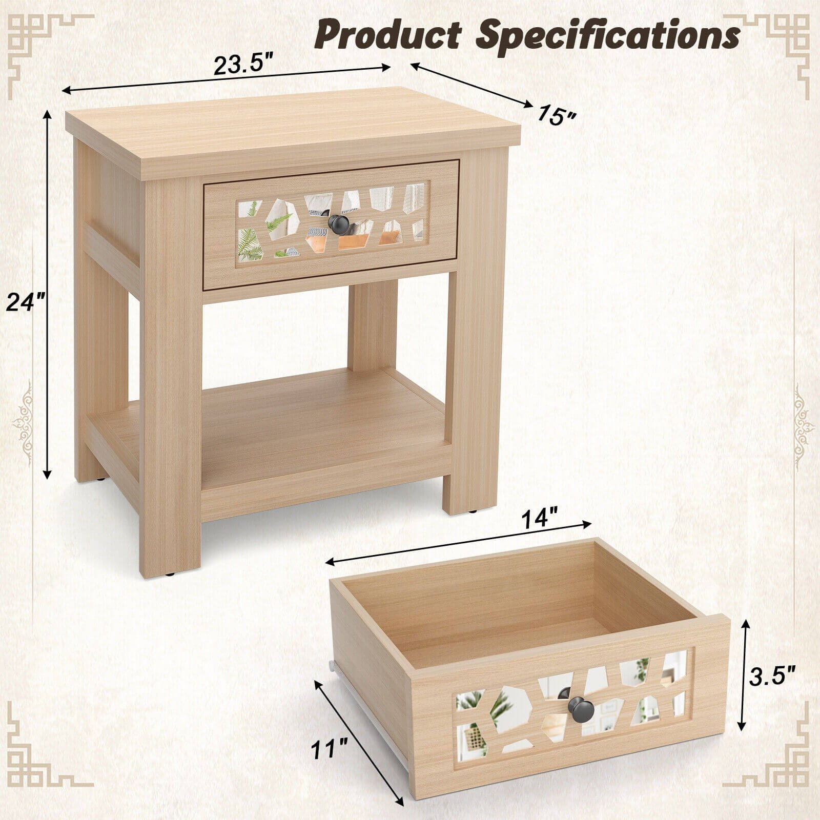 Wood Retro End Table with Mirrored Glass Drawer and Open Storage Shelf, Natural End & Side Tables   at Gallery Canada