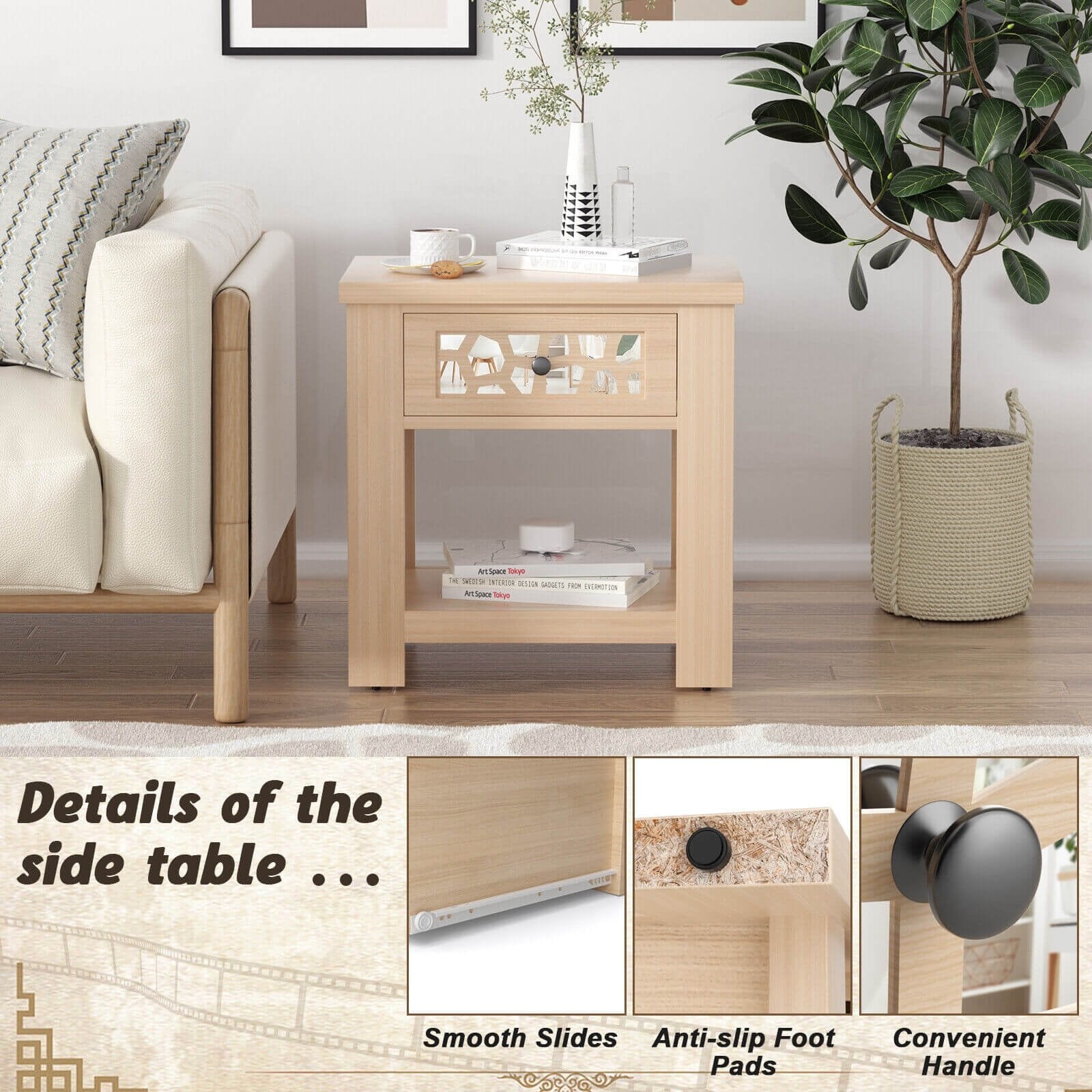 Wood Retro End Table with Mirrored Glass Drawer and Open Storage Shelf, Natural End & Side Tables   at Gallery Canada