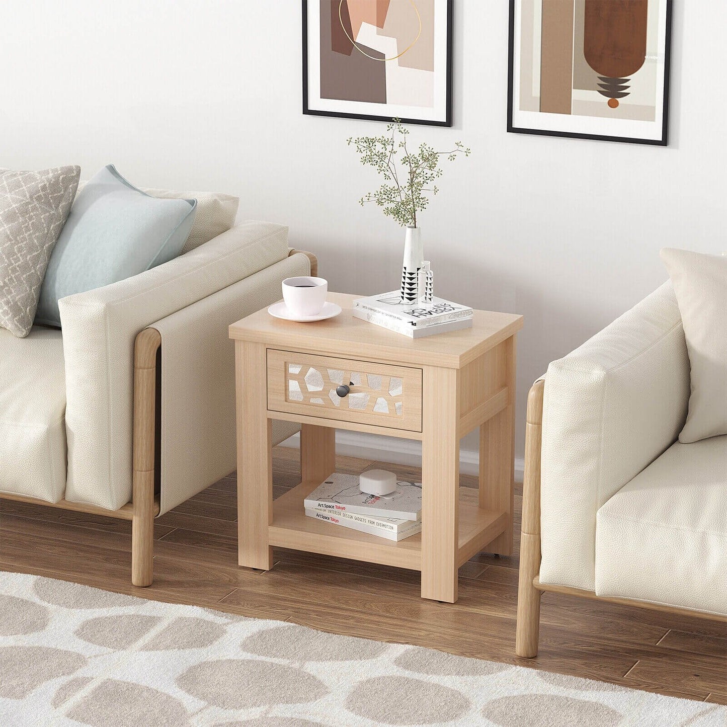 Wood Retro End Table with Mirrored Glass Drawer and Open Storage Shelf, Natural End & Side Tables   at Gallery Canada