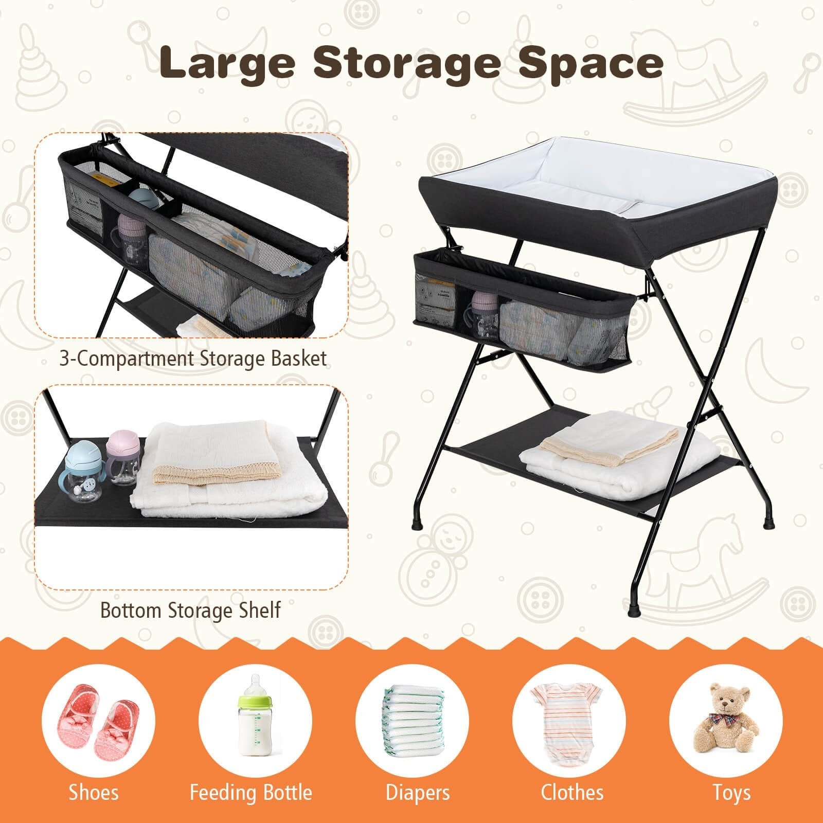 Baby Storage Folding Diaper Changing Table, Black Changing Tables   at Gallery Canada