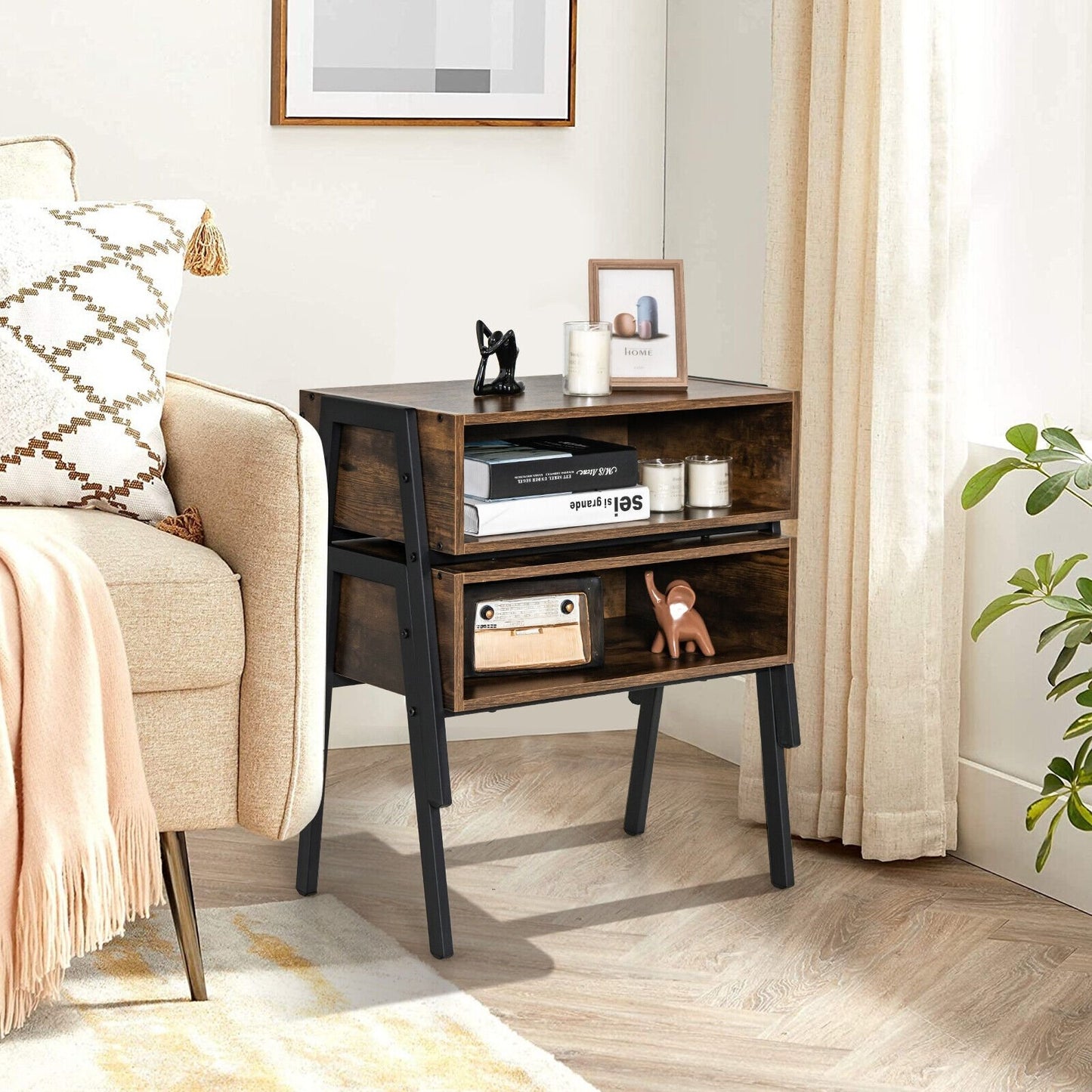 Stackable Night Stand Shelf Accent Table with Metal Frame, Rustic Brown Nightstands   at Gallery Canada