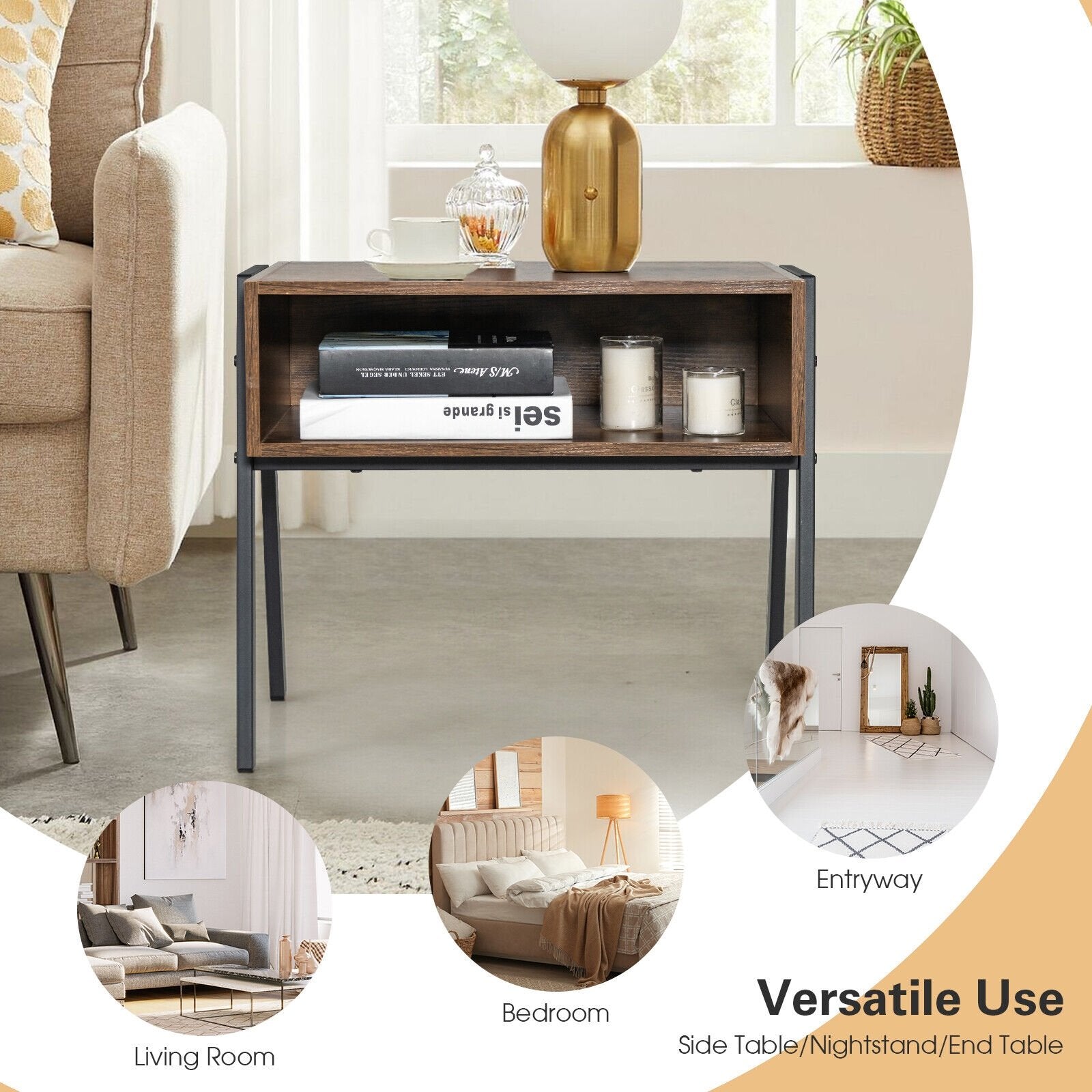 Stackable Night Stand Shelf Accent Table with Metal Frame, Rustic Brown - Gallery Canada