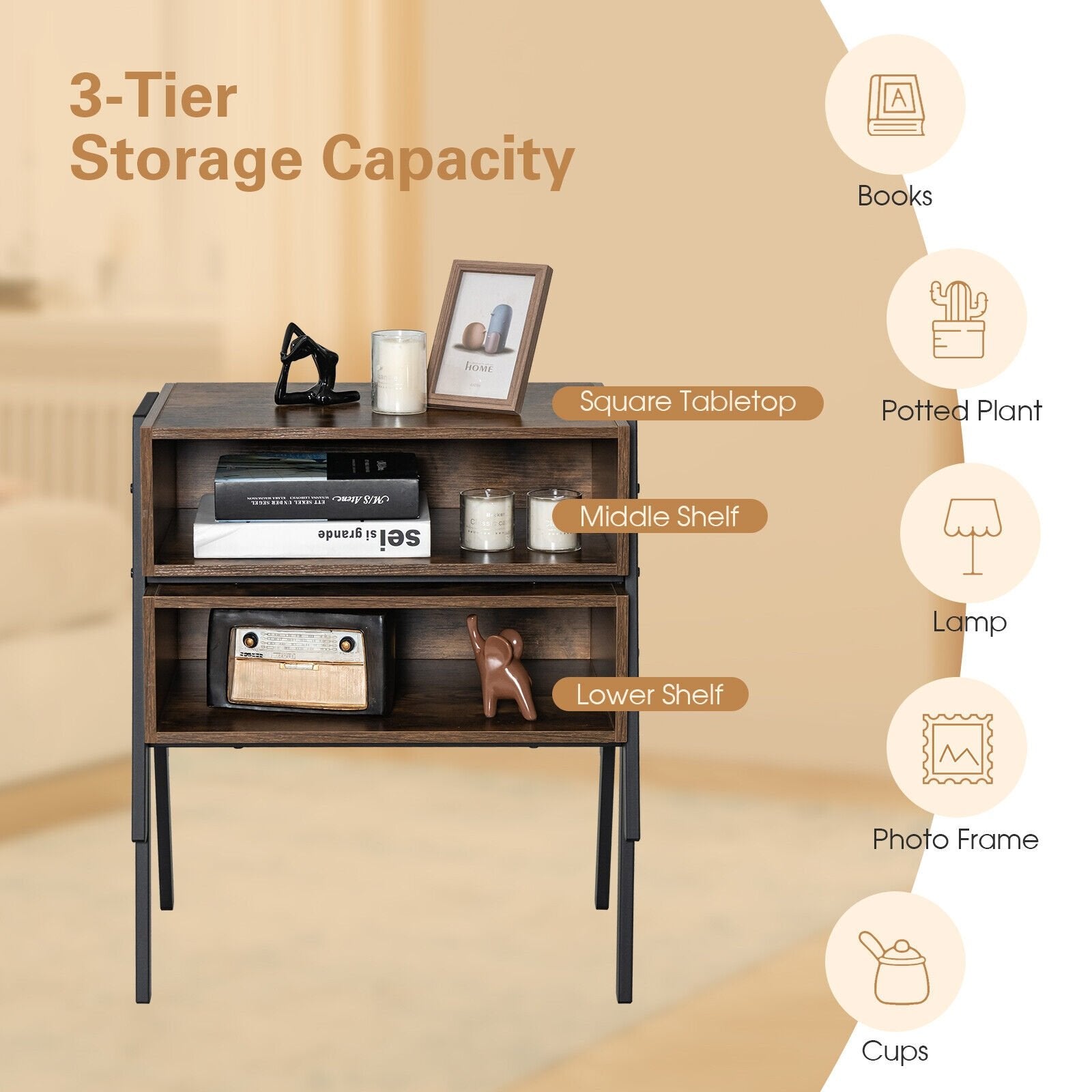 Stackable Night Stand Shelf Accent Table with Metal Frame, Rustic Brown Nightstands   at Gallery Canada