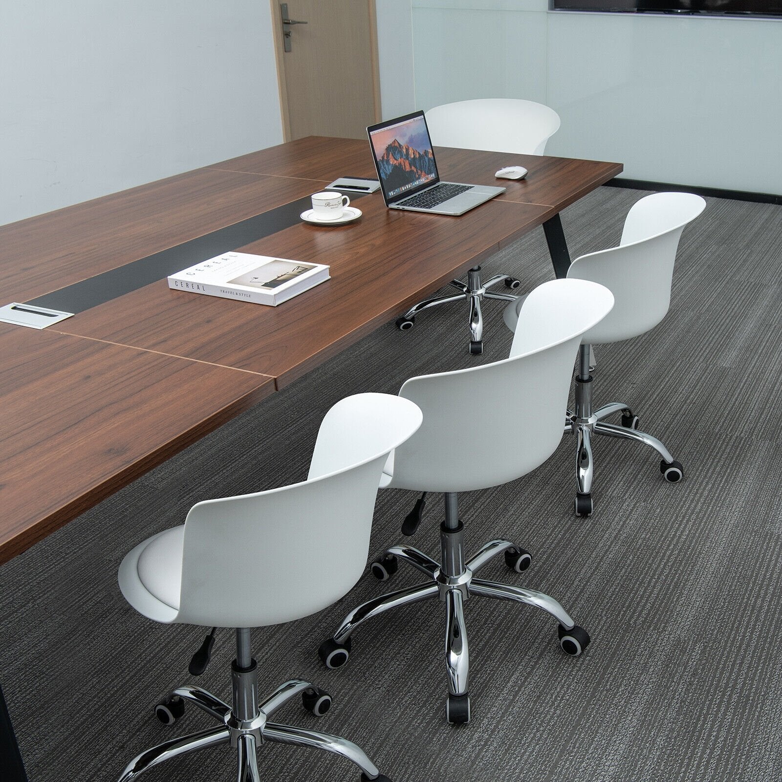 Set of 2 Office Desk Chair with Ergonomic Backrest and Soft Padded PU Leather Seat, White Armless Chairs   at Gallery Canada