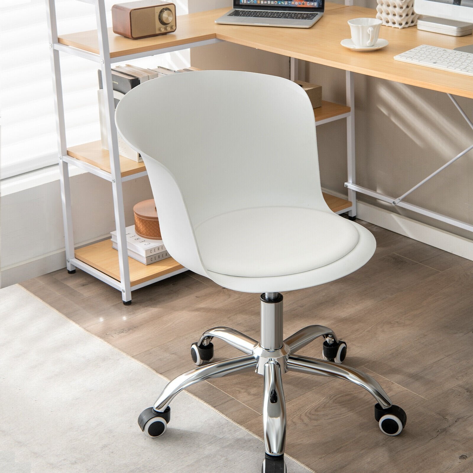 Set of 2 Office Desk Chair with Ergonomic Backrest and Soft Padded PU Leather Seat, White Armless Chairs   at Gallery Canada