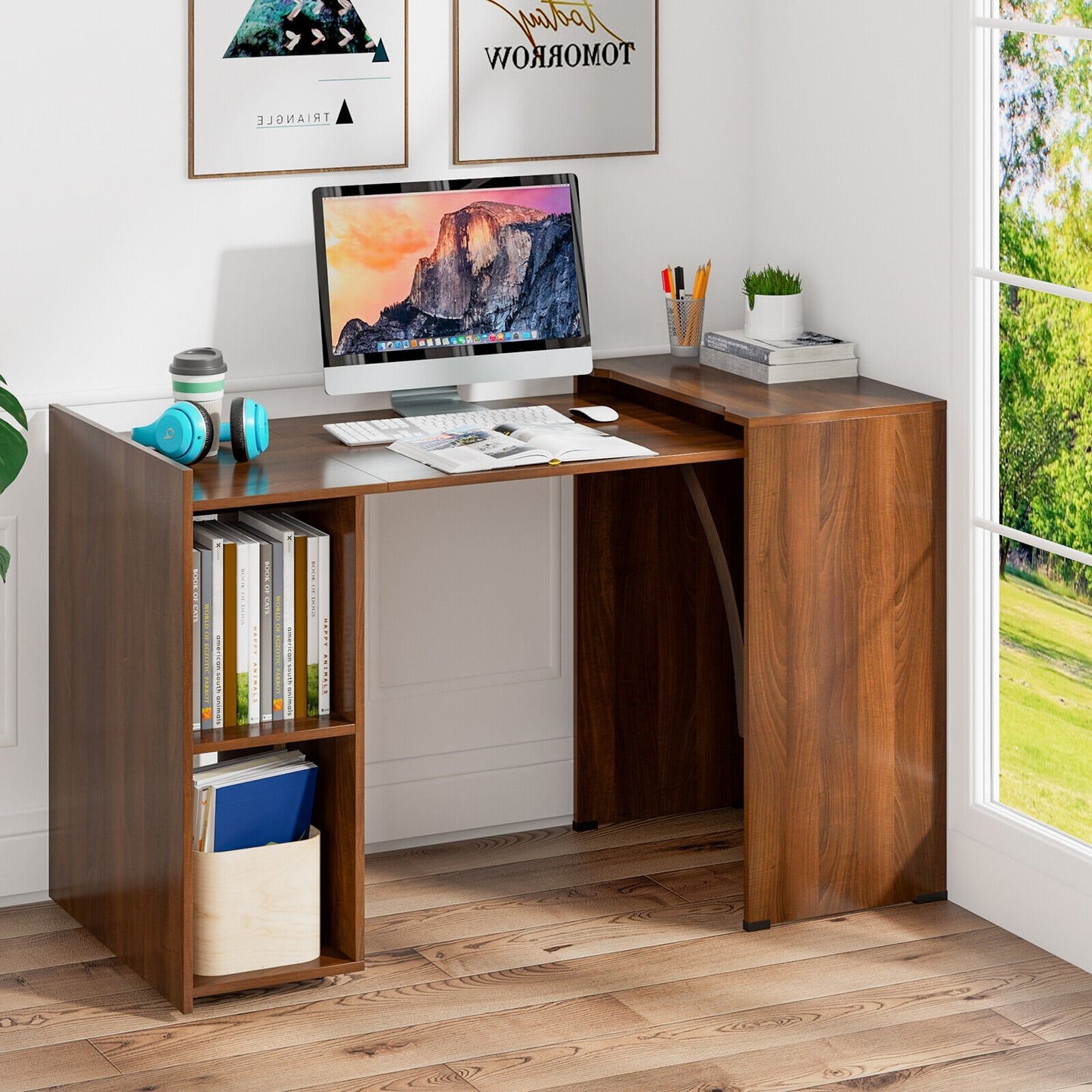 Extendable Computer Desk for Small Space with Mobile Shelves, Brown - Gallery Canada